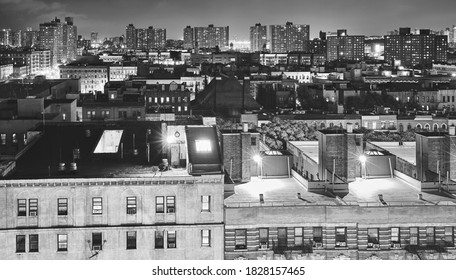 Black And White Picture Of Harlem Neighborhood At Night, New York City, USA.