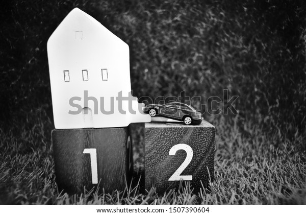 Black and white picture of Model house on wooden\
block no. 1, model car on wooden block no. 2 On the grass\
background. financial\
concept.