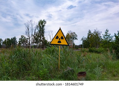 A Black And White Picture Of A Radiation Sign Between Some Vegetation Near Chernobyl.