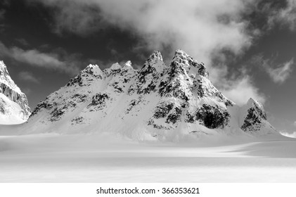 Black and White picture of the Trolls Rock Formation in the Alaska Mountain Range near Mount McKinley, Alaska