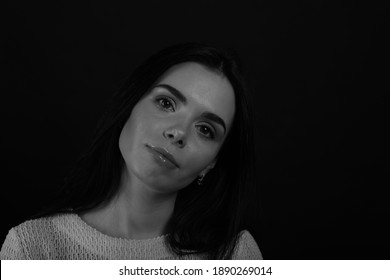 Black And White Portrait Of Beautiful Brunette Young Woman