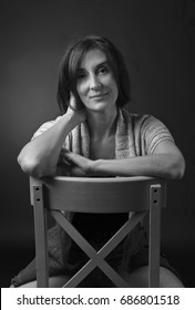 Black And White Portrait Of A Beautiful Elegant Middle Aged Woman , Studio Shot .