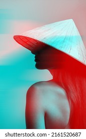 Black And White Portrait Of Beautiful Woman With Naked Shoulder And Long Dark Hairs Wearing Traditional Cone-shaped Asian Cane Hat And Cover Her Face In Shade. Red And Blue Color Split Effect