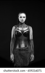 Black and white portrait of a character for computer game
Body painting skeleton cyborg, woman with pattern on body on black background