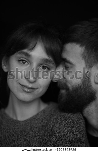black and white portrait of a\
couple in love close-up. Couple in love. A family. Valentine\'s\
Day.