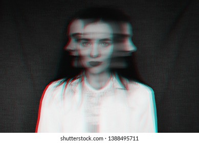 black and white portrait of a crazy girl with a split personality and psychological disorders with a glitch effect