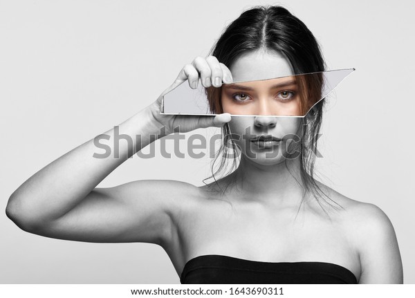 Black White Portrait Female Mirror Shard Stock Photo 1643690311 ...