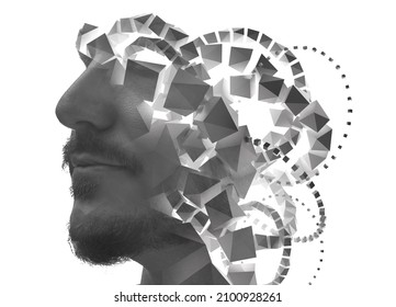 A black and white portrait of a man combined with 3D polyhedra in a double exposure technique. - Powered by Shutterstock