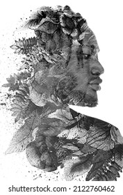 A black and white portrait of a man combined with an ink painting in a paintography technique.