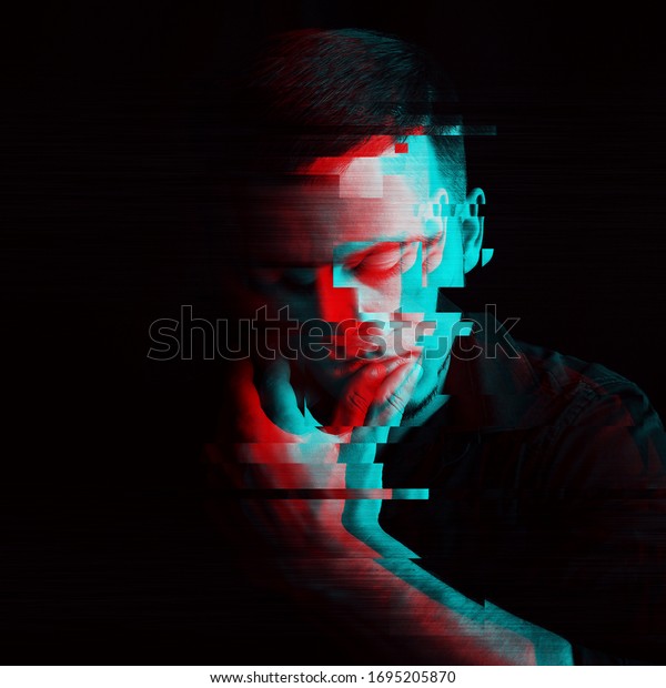 black and white portrait of a man with a computer\
glitch effect