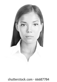 Black and white portrait of multiracial woman. White background.