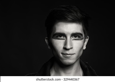 Black And White Portrait Photo Young Actor. Nice Guy With Professional Makeup. Photo Socio Cultural Magazines, Posters And Websites. 