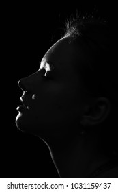 Black And White Portrait. Profil Of A Woman. Silhoutte 