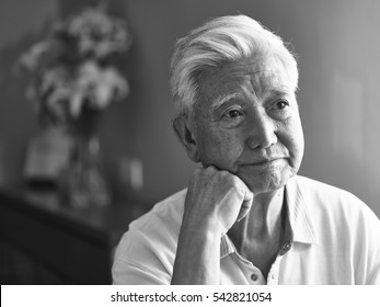 Black And White Portrait Of A Sad Lonely Asian Senior Hand On Chin Looking Away Thinking.