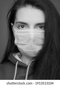 Black White Portrait Of Woman With  Medical Mask. Monochrom