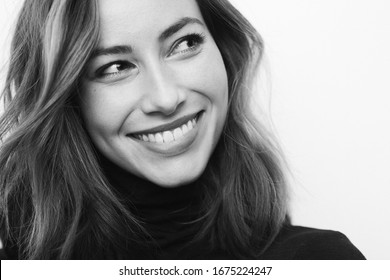 Black And White Portrait Of A Young Beautiful Woman And Girl Being Thoughtful And Looking To One Side With Beauty And Glamorous Smile