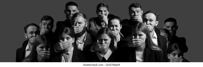 Black and white portraits of young people with hands close their mouth and do not allow to speak. Human rights, freedom speech, censorship and social issues concept. Composite image. Banner - Shutterstock ID 2255760659