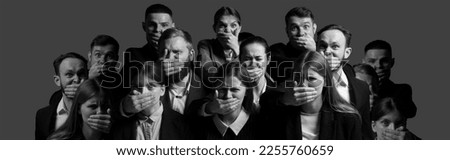 Black and white portraits of young people with hands close their mouth and do not allow to speak. Human rights, freedom speech, censorship and social issues concept. Composite image. Banner