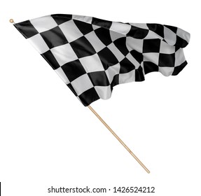 Black White Race Chequered Or Checkered Flag With Wooden Stick Isolated Background. Motorsport Car Racing Symbol Concept