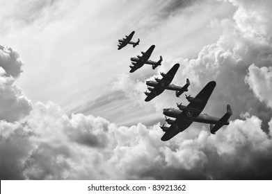 Black and white retro image of Lancaster bombers from Battle of Britain in World War Two - Shutterstock ID 83921362