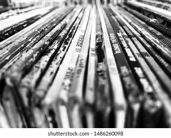 Black and white row of old weathered envelopes for vinyl records - 14 July 2019, Montreal, Canada