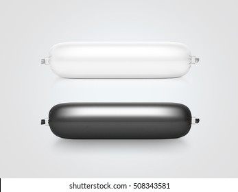 Black White And Black Sausage Plastic Bag Design Mockup, Isolated, Clipping Path. Clear Pork Meat Packaging Mock Up. Snack Pate Polythene Pouch Template. Processed Melted Cheese Stick Vacuum Sachet.