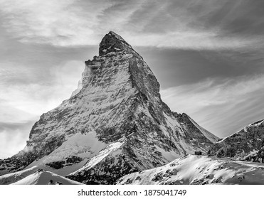 Black and white shot of Matterhorn from Zermatt, Switzerland