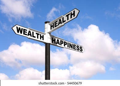Black and white signpost with the words Health, Wealth and Happiness against a blue cloudy sky.