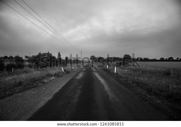 Black & white\
silent country road.