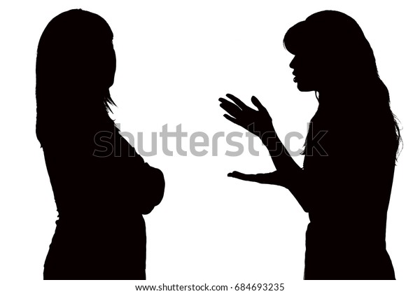 Black and white silhouette of family relations between mom and teenage daughter, resentment, anger and excuses on white isolated background