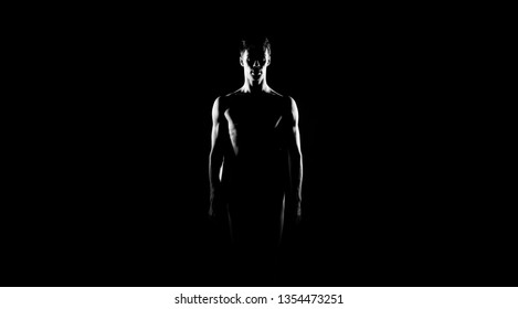 Black And White Silhouette Of Male Ballet Dancer. Long Monochrom Horizontal Image.