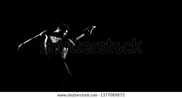 Black and white silhouette of male\
ballet dancer. Long monochrom horizontal\
image.