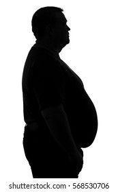 Black And White Silhouette Of A Man With A Fat Belly On Isolated White Background