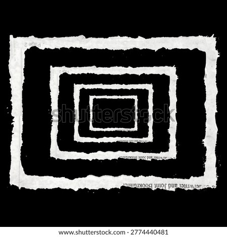 A black and white silhouette of nested square frames created from torn paper with a transparent background.