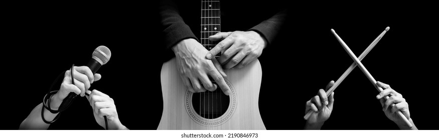 black and white singer, guitarist, drummer hands. isolated on black. music background
