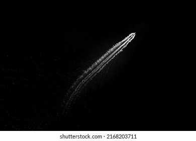 Black And White Small Speed Boat Of Tourists Sailing Full Speed And Splash Water In Sea On Dark Backgroound Aerial Top View