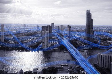 Black And White Smart City With Data Communication Flow Network, Communication Technology Concept