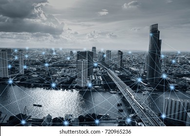 Black and white smart city with network connections, communication technology concept