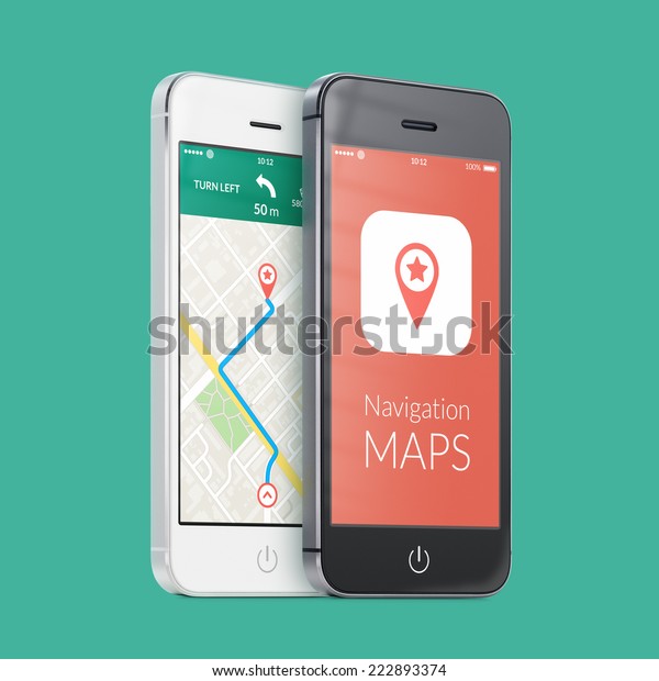 Black\
and white smartphones with map gps navigation application with\
planned route on the screen on green. High\
quality.