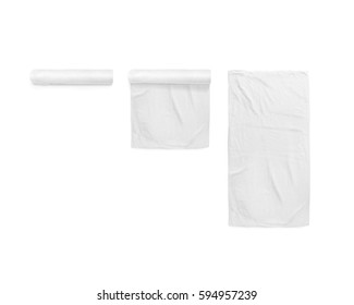 Black white soft beach towel mockup set. Clear folded and unfolded wiper mock up laying on the floor. Shaggy fur bath textured jack-towel top view. Domestic cloth kitchen overlay template wrapped.