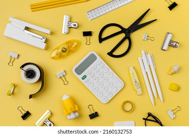 Black and white stationery on yellow background. School stationery supplies. Workplace organization. Concept back to school.	 - Shutterstock ID 2160132753