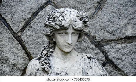 Black And White Statue Of A Grecian Woman, Stone Work, At A Castle