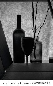 Black And White Still Life With Bottle, Vase And Glass