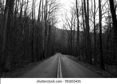 Black And White Street Photography Of A Highway Through The Great Smoky Mountains National Park.