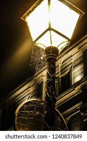 Black And White Streetlight Lamp Lit And With A Big Spiderweb On The Pole