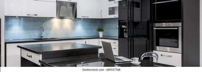 Black And White, Stylish, High Gloss Kitchen With Island, Panorama