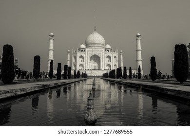 Black and White Taj Mahal is Monument of love and 1 of 7 wonders of the world in Agra, India. - Powered by Shutterstock