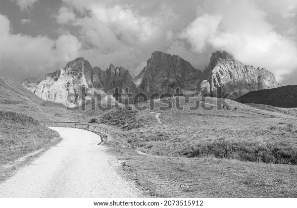 black and white travel in Dolomites alps Italy\
holidays and trekking