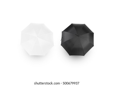 Black And White Umbrella Mockups, Isolated, Top View, Clipping Path. Parasol Surface Design Mock Up Set. Plain Bumbershot Shape Template. Clear Opened Umbel From Above. Gingham Accessory Blanding Atop