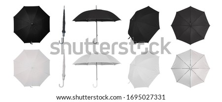 Black and White umbrellas isolated on white background collection, Set of b&w color umbrellas 